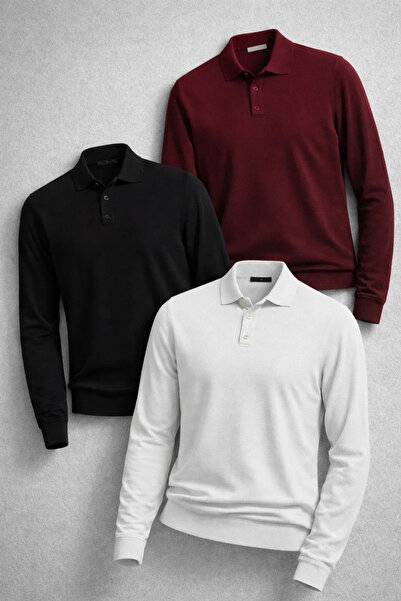 COMBİNE MİCHAİL Men's Basic Casual 3-Piece Polo Neck Knit Sweater