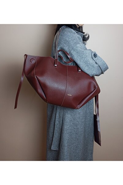 JUST WOMAN Kadın Tote Trend Bordo Büyük Mıknatıslı Yan Cüzdanlı Polene Çanta