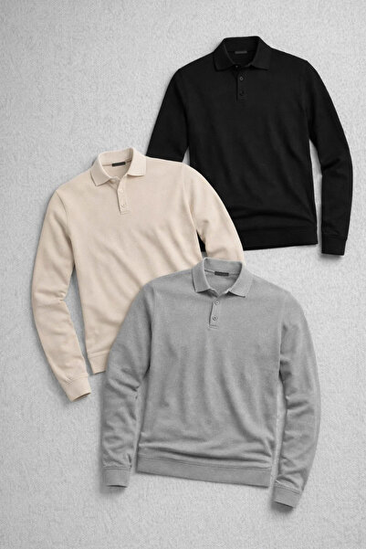 COMBİNE MİCHAİL Men's Basic Casual 3-Piece Polo Neck Knit Sweater