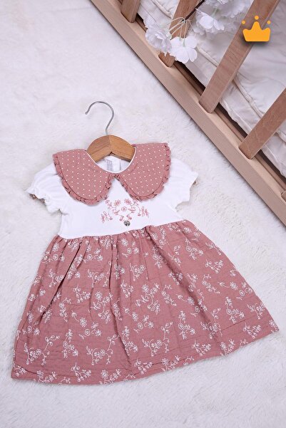 Babydola %100 Pamuk Kız Bebek Çocuk Yaka Detaylı Çiçek Desenli Bayramlık Elbi...