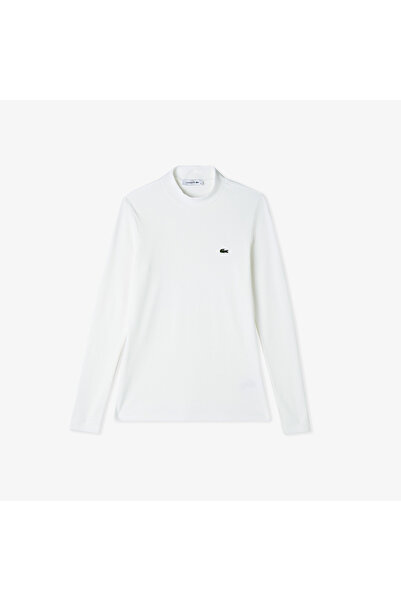Lacoste Kadın Slim Fit Uzun Kollu Boğazlı Yaka Krem T-Shirt