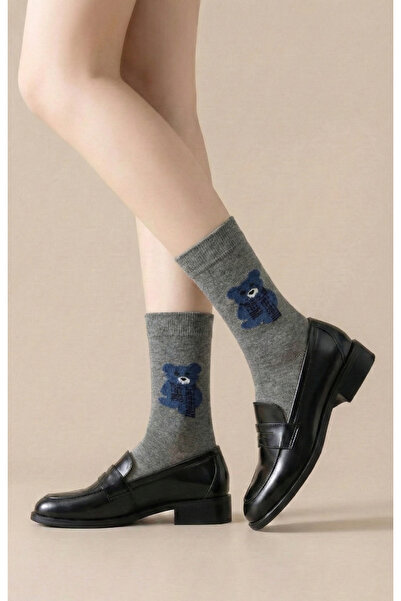 FENRA STUDIO جوارب نسائية قطنية لطيفة بنمط دب تيدي رمادي