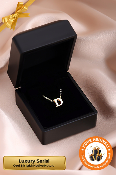 Lucente Jewellery Işıklı Yeni Nesil Hediye Kutulu D Harfi 925 Ayar Gümüş Kaplama Harfli 3D Boyutlu Altın Harf Kolyesi