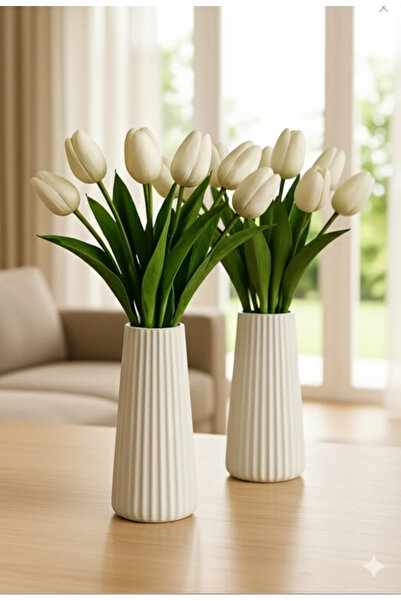 kareseramik 2’li Beyaz Çizgili Seramik Vazo Seti | Modern Minimal Dekoratif Çiçek Vazosu