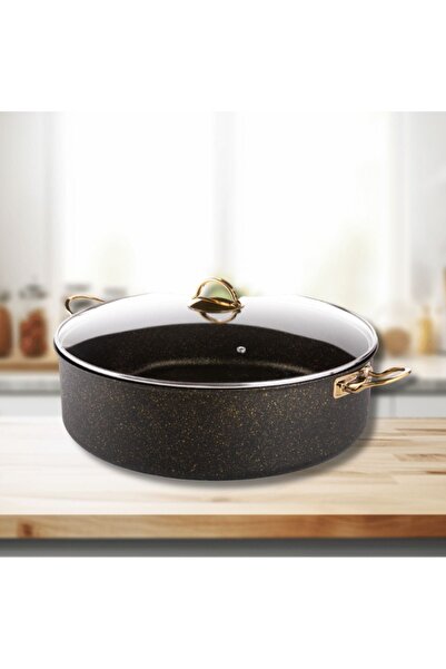 Evren 40 Cm Gold Stone Maksi Basık Tencere, Non-stick Pilav Karnıyarık Tencere 12,5 Lt