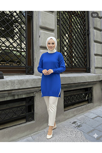 Gioni Saks Blue Crew Neck Mercerized Loose Knitwear Tunic