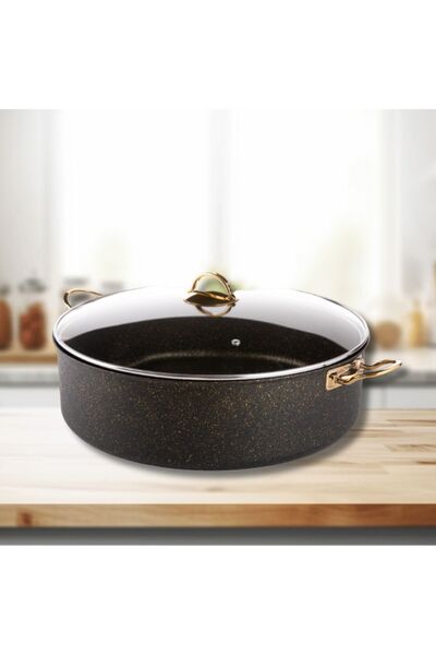 Evren 36 Cm Gold Stone Maksi Basık Tencere, Non-stick Pilav Karnıyarık Tencere 8 Lt