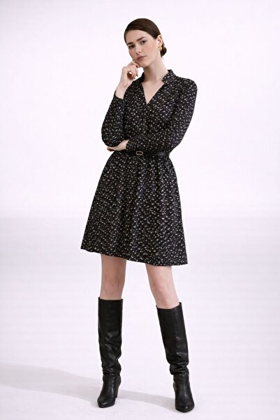 MG GİYİM STORE Women's Black Floral Patterned Belted Short Dress