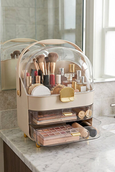 MAKRİ HOME Şeffaf Kırılmaz Kapaklı Makyaj ve Takı Organizeri, Çekmeceli, Bej,...