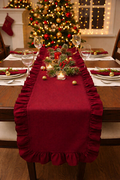 ÇIQRIK HOME Natural Fırfırlı Vintage Bordo Runner Ranır 40x110 Cm