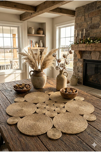 Homever Roundy 50cm Yuvarlak Hasır Jüt Salon Mutfak Masa Örtüsü / Runner / Ranır