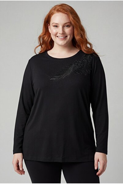Ebsumu Bluză neagră de damă, cu broderie frunze, cu detaliu de guipur