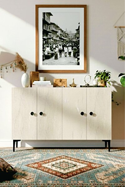 YUMEDİ DESİGN KA1205BT - SHERİFA KONSOL, TV SEHPASI, ÇOK AMAÇLI DOLAP ve KAHVE KÖŞESİ 120cm BEYAZ-TRAVERTEN