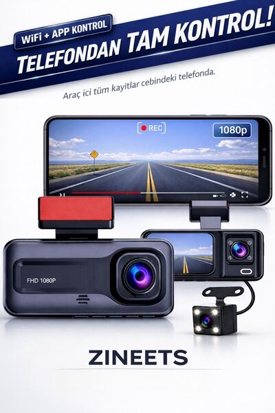 Zineets Wifi 1080p Araç içi 3 Kameralı Lcd Ekranlı Gece Görüşlü G-sensör Geri Görüş Kamera