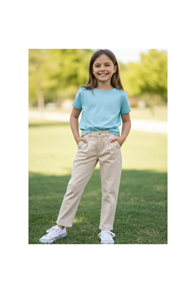 fancykidsantalya بنطلون بناتي من قماش الجبردين موسمي كريمي اللون جان كست