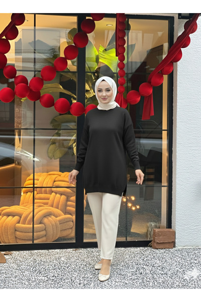 Gioni Μαύρο Mercerized Casual Πλεκτό Τούνικ με λαιμόκοψη