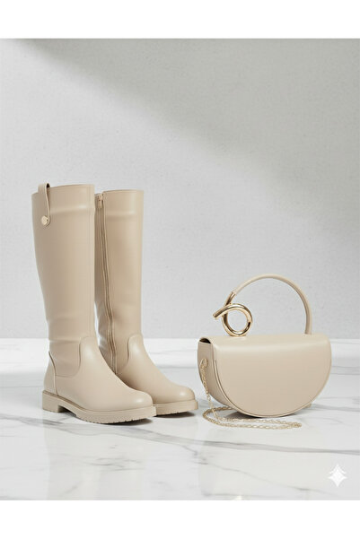 DYG STORE ŞIK MODERN BEJ ÇİZME VE ÇANTA KOMBİN