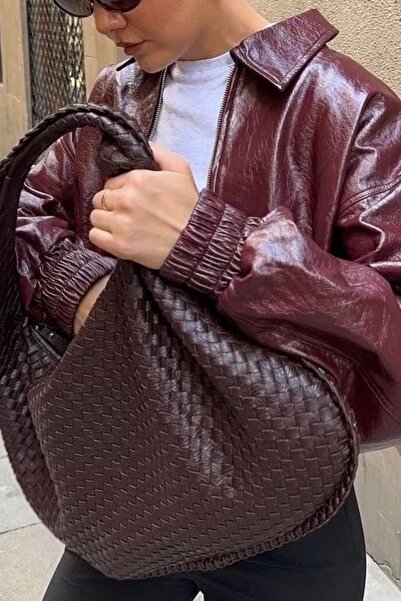 Rivina Geantă de umăr și tote mare pentru femei Lena Brown, cu detalii tricotate, volum mare zilnic