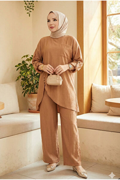 modamira Kadın Taba Çilek Kumaş Asimetrik 2li Tesettür Tunik Pantolon Ikili P...