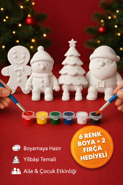 PRİNTELLA 4'lü Yılbaşı Boyama Seti Noel Baba Kardan Adam Ağaç Kurabiye + 6 Renk Boya 2 Fırça