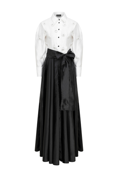 MERT ERKAN Üzeri El İşlemesi Serpme Düğme Detaylı Siyah&Beyaz Maxi Gömlek Elbise