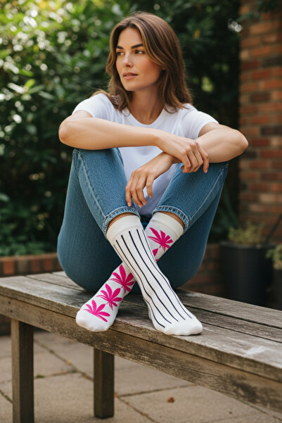 Esinti 2 чифта бели дълги чорапи с мотив на листа и линии