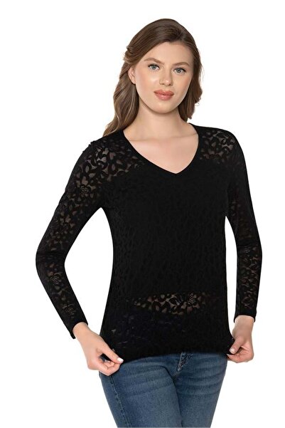 Belinay 8532 Dantelli V Yaka Uzun Kollu Kadın Body