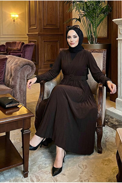 modamira Kadın Sandy Kahverengi Önü Kruvaze Detaylı Eteği Piliseli Kemerli Bo...