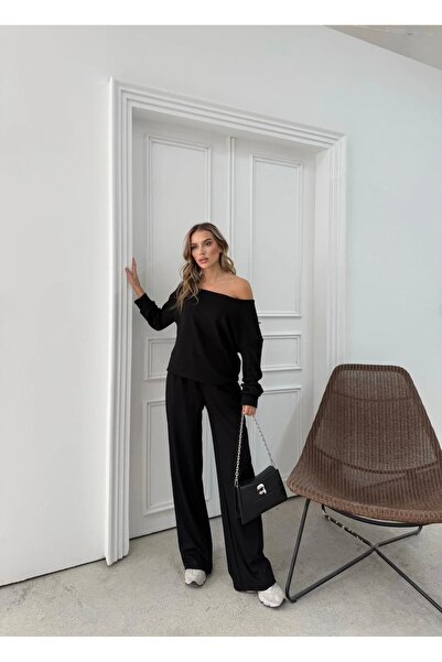 peri tower New Season Women's Modal Fabric Loose Off-Shoulder Blouse and Trousers Two-Piece Suit 0059
