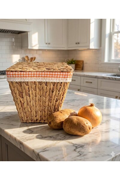 Beyaz Atölyem Turuncu İç Korumalı Hasır Kapaklı Çok Amaçlı Patates ve Soğan S...