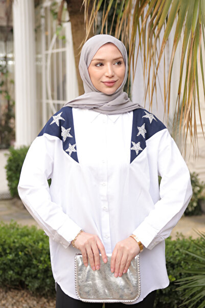 İmajButik Cămașă cu detalii din piatră garnită albastru bleumarin