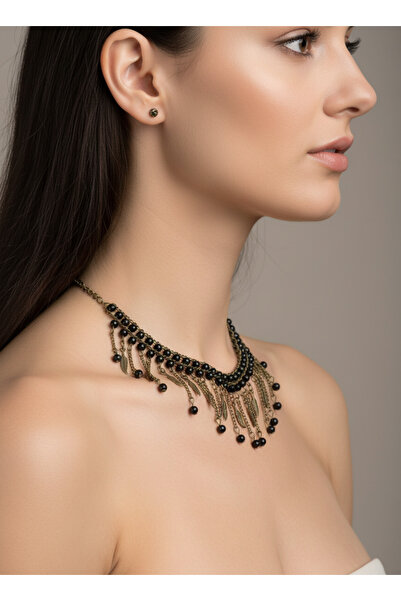FASHİON JEWELRY Dm Boncuk Ve Yaprak Detaylı Dekoratif Yaka Kolye Siyah Renk