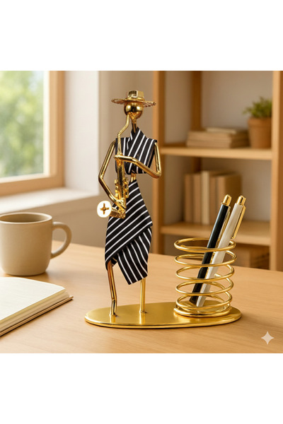 Livava Musician Woman Metal Desktop Pen Holder, Black, 20X14