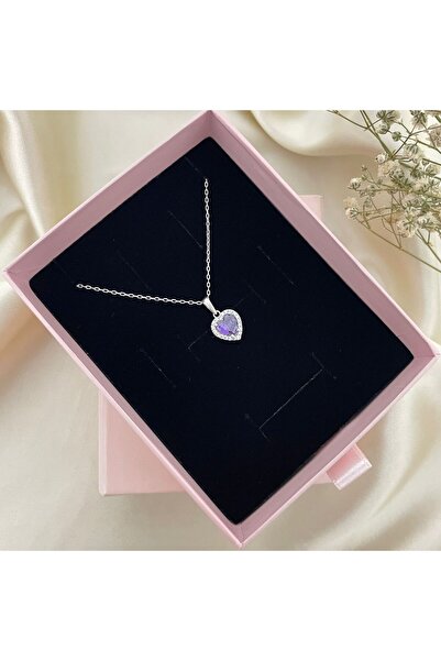 Lovera Jewellery 925 Ayar Gümüş Mor Taşlı Pırlanta Montürlü Kalpli Kadın Koly...
