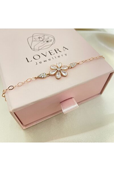 Lovera Jewellery 925 Ayar Gümüş Rose Renk Beyaz Taşlı Papatya Çiçeği Bileklik