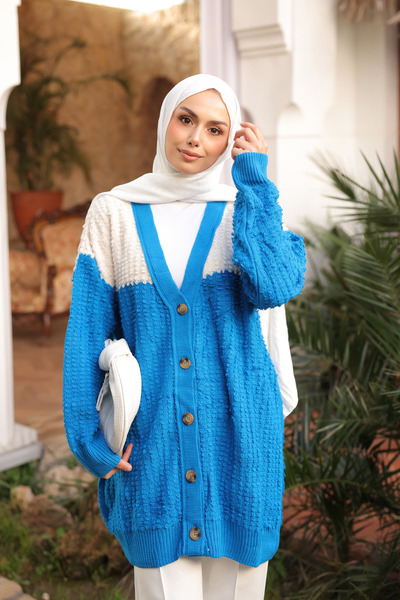 İmajButik Blue V-Neck Buttoned Knitwear Cardigan