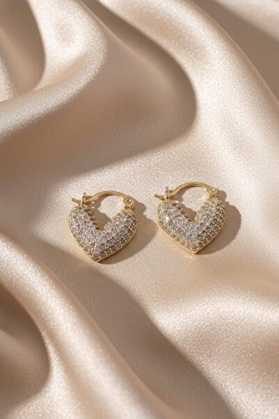 XUPING JEWELRY Xuping 14k Altın Renginde Zirkon Taşlı Kalp Küpe