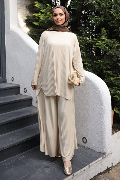 İmajButik Light Beige Pleated Sandy Tunic Pants Set