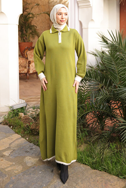 İmajButik Rochie tricotată cu fermoar, cu guler cămașă verde