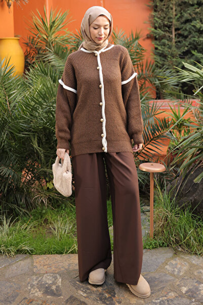 İmajButik Brown Balloon Sleeve Buttoned Knit Cardigan