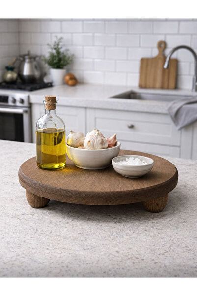 Kitchen Pembelia Akasya Top Ayaklı Yuvarlak Stand Yağdanlık Altlığı Makyaj Organizeri Çok Amaçlı Sunum Tepsisi