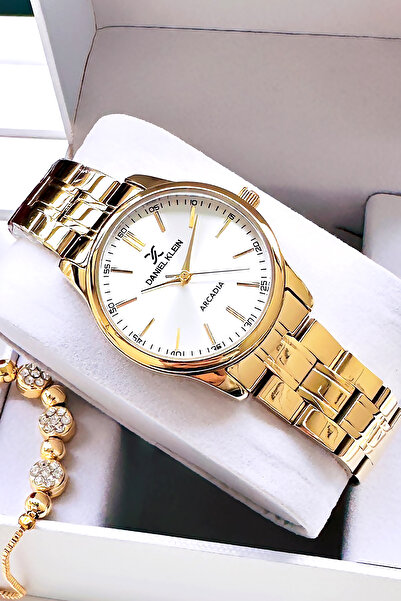 Daniel Klein ساعة يد نسائية صغيرة الحجم 3 ATM مقاومة للماء سوار فولاذي ذهبي اللون + سوار هدية DKBY2010C1