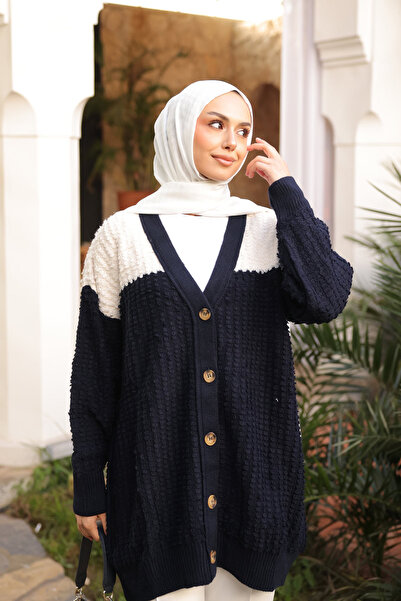 İmajButik سترة تريكو بأزرار وياقة على شكل حرف V باللون الأزرق الداكن