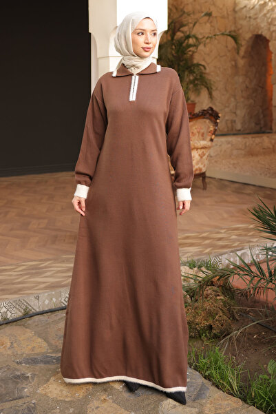 İmajButik Kahverengi Gömlek Yaka Fermuarlı Triko Elbise