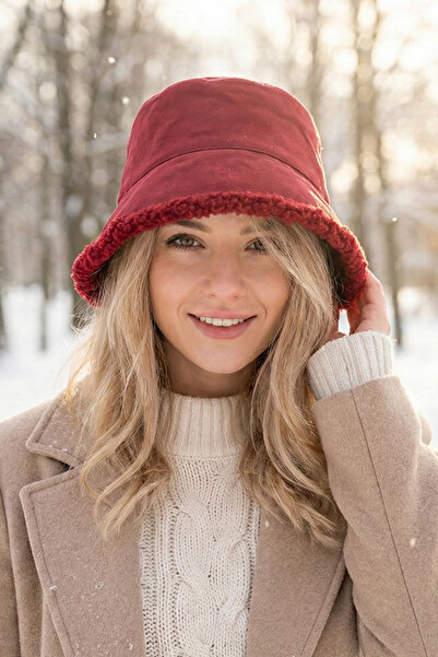 Kapin İçi Peluş Süet Kumaş Bucket Şapka Çift Taraflı - Bordo