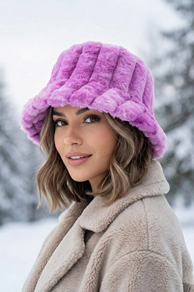 Kapin Mor Fitilli Desen Peluş Kürk Bucket Şapka
