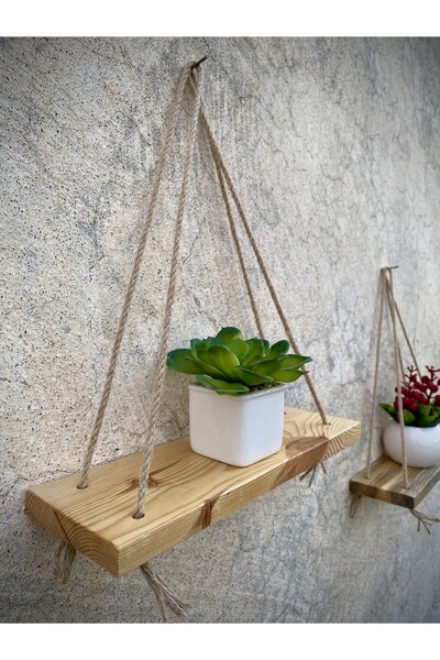 GenelTedarik 3'lü Doğal Ahşap Jüt İpli Duvar Rafı Dekoratif Raf Seti Çiçeklik