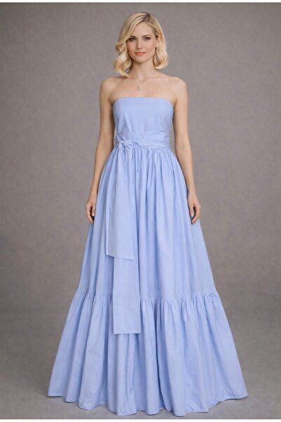 MERT ERKAN Ruffle Detailed & Belted Strapless Blue Poplin Maxi Length Dress