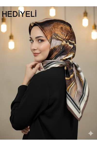 Picasso İpek Görünümlü Kahverengi Kristal Eşarp – Twill Şık Tasarım 90x90