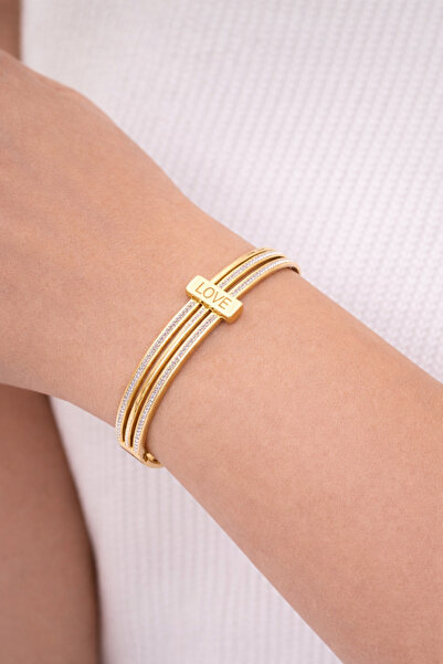 Eloura Accessories Paslanmaz Zirkon Gold Love Detaylı Lüks Çelik Kelepçe